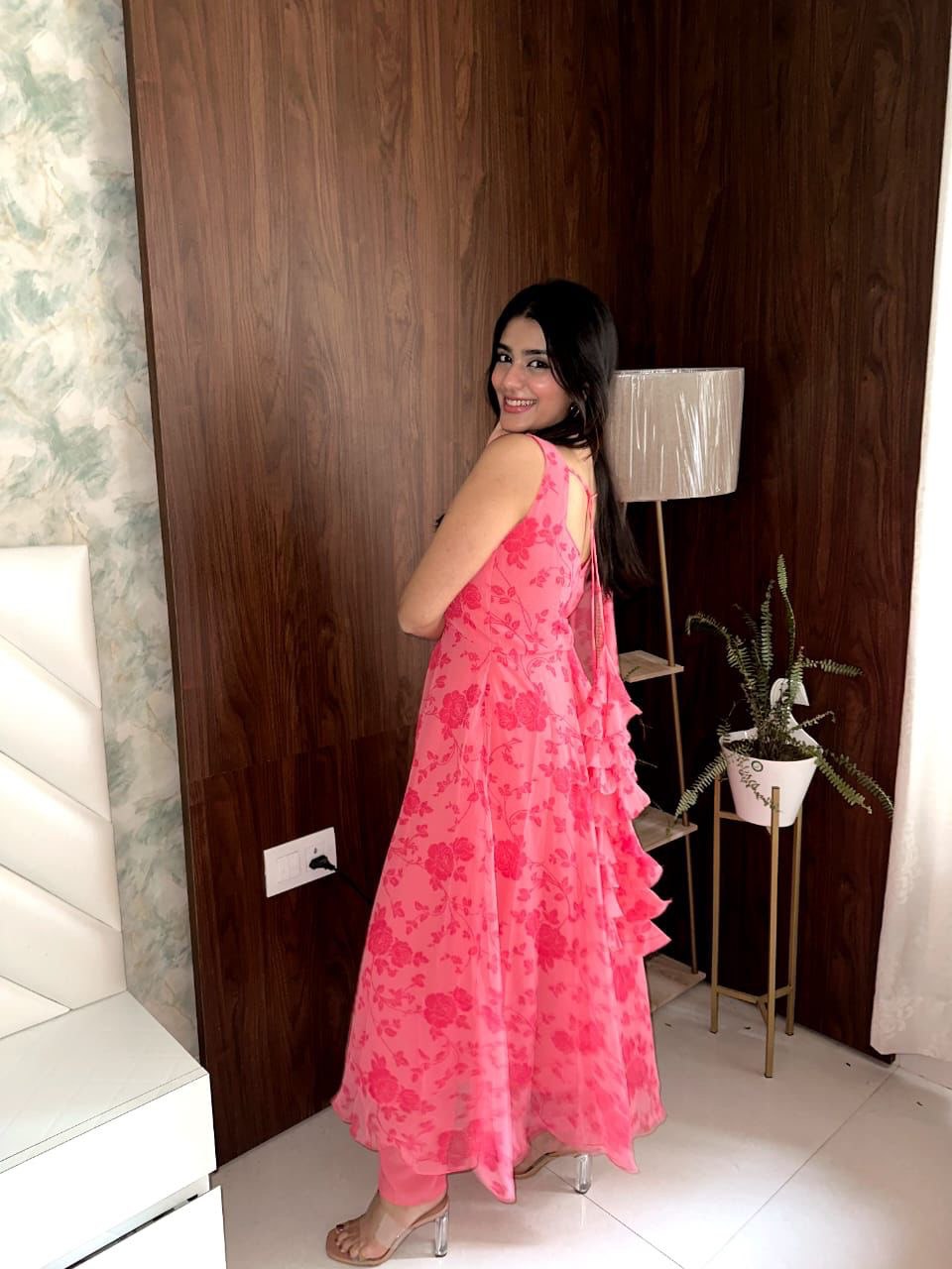 Elegant Dark Pink Digital Printed Georgette Silk Anarkali Suit Set ClothsVilla