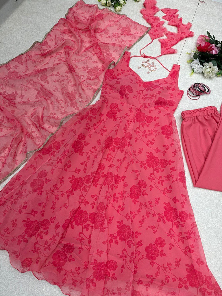 Elegant Dark Pink Digital Printed Georgette Silk Anarkali Suit Set ClothsVilla