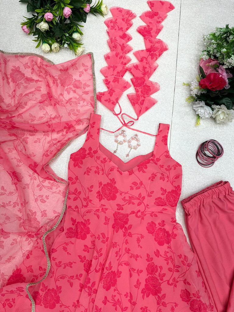 Elegant Dark Pink Digital Printed Georgette Silk Anarkali Suit Set ClothsVilla