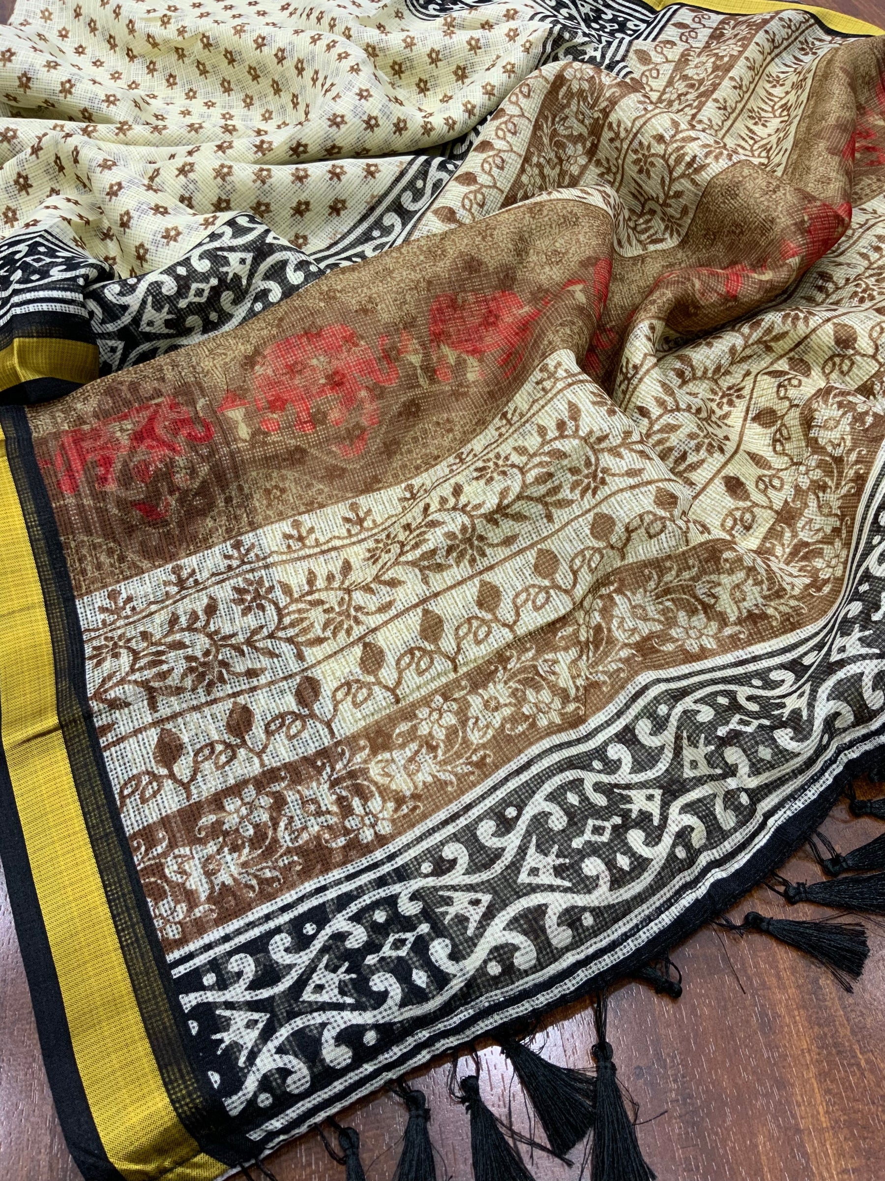 Elegant Women's Kota Silk Saree: Luxuriously Soft, Exquisitely Printed, and Embellished with a Weaving Pattu Border ClothsVilla
