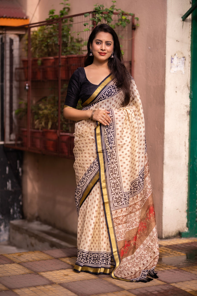 Elegant Women's Kota Silk Saree: Luxuriously Soft, Exquisitely Printed, and Embellished with a Weaving Pattu Border ClothsVilla