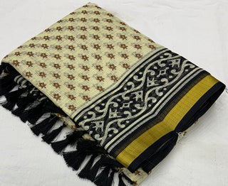 Elegant Women's Kota Silk Saree: Luxuriously Soft, Exquisitely Printed, and Embellished with a Weaving Pattu Border ClothsVilla