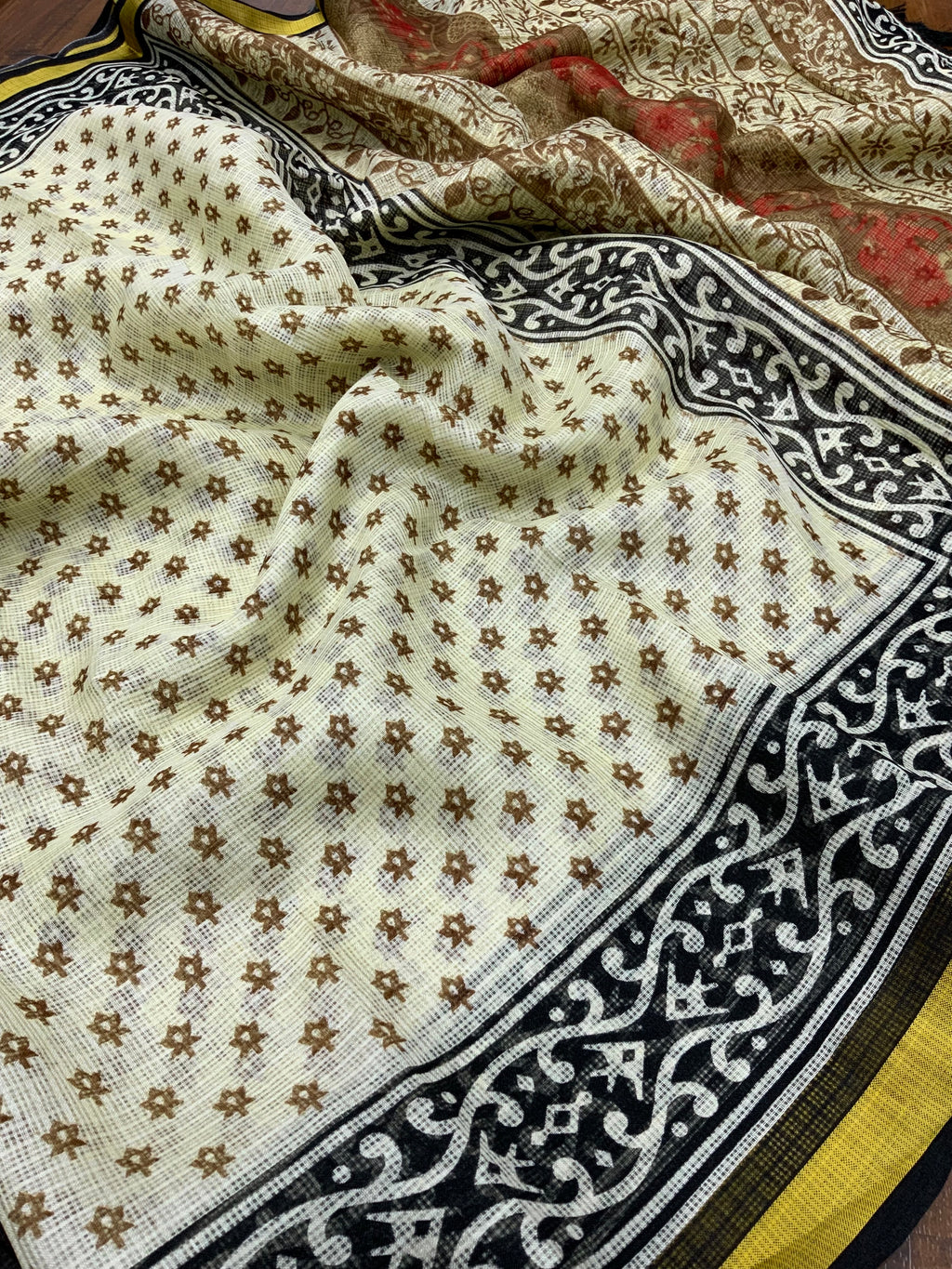 Elegant Women's Kota Silk Saree: Luxuriously Soft, Exquisitely Printed, and Embellished with a Weaving Pattu Border ClothsVilla