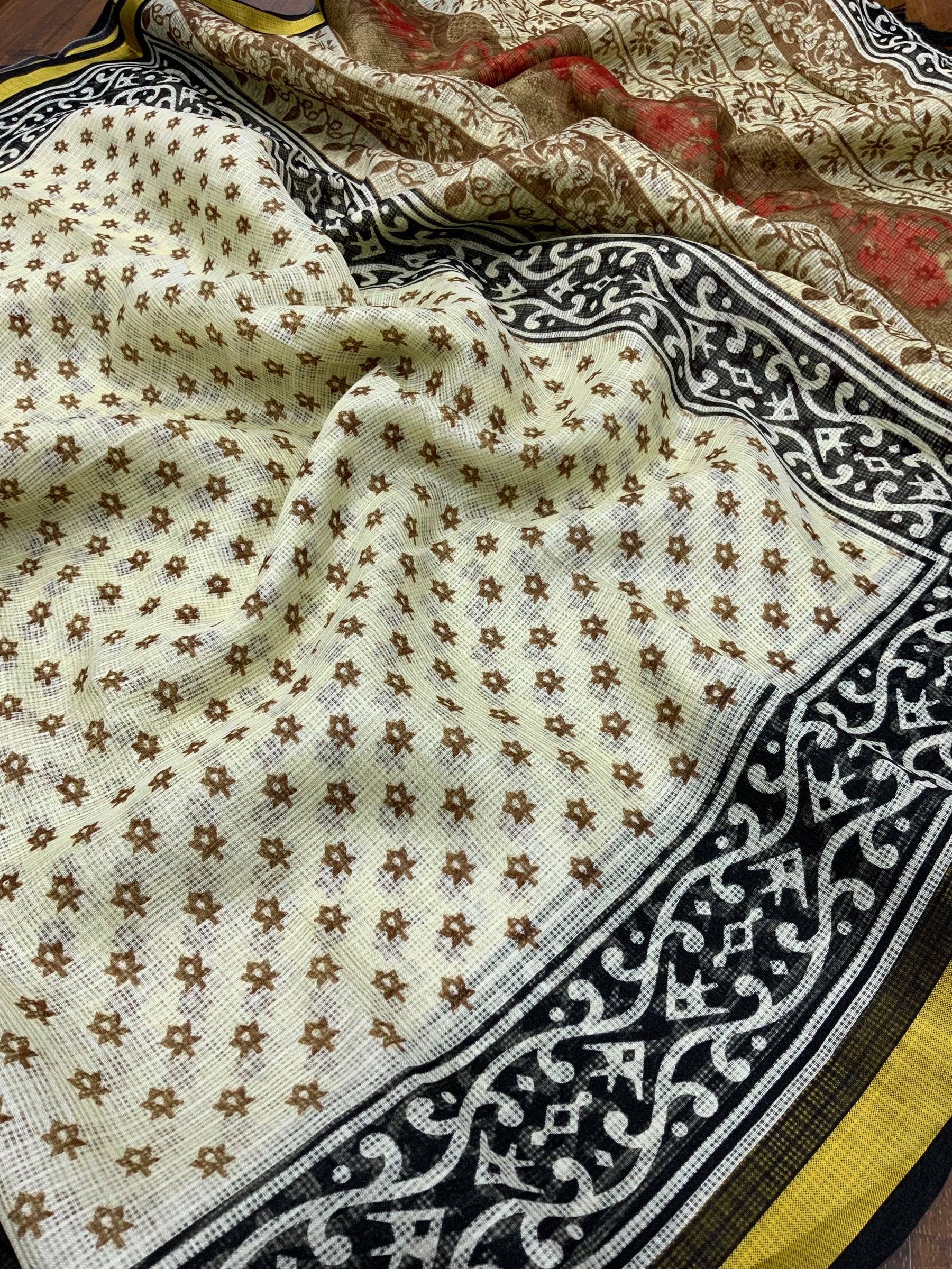 Elegant Women's Kota Silk Saree: Luxuriously Soft, Exquisitely Printed, and Embellished with a Weaving Pattu Border ClothsVilla