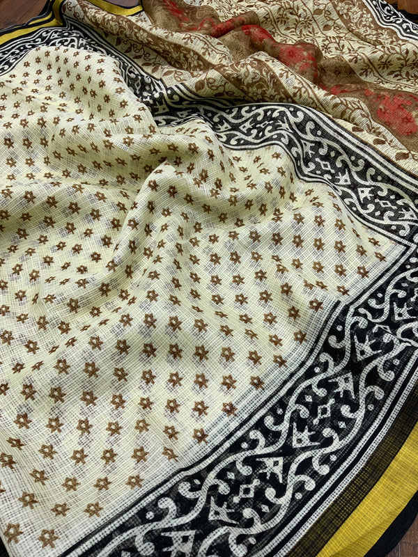 Elegant Women's Kota Silk Saree: Luxuriously Soft, Exquisitely Printed, and Embellished with a Weaving Pattu Border ClothsVilla