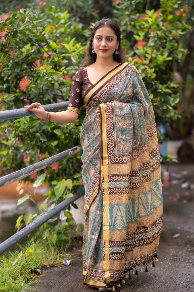 Elegant Women's Soft Kota Silk Printed Saree with Weaving Pattu Border ClothsVilla