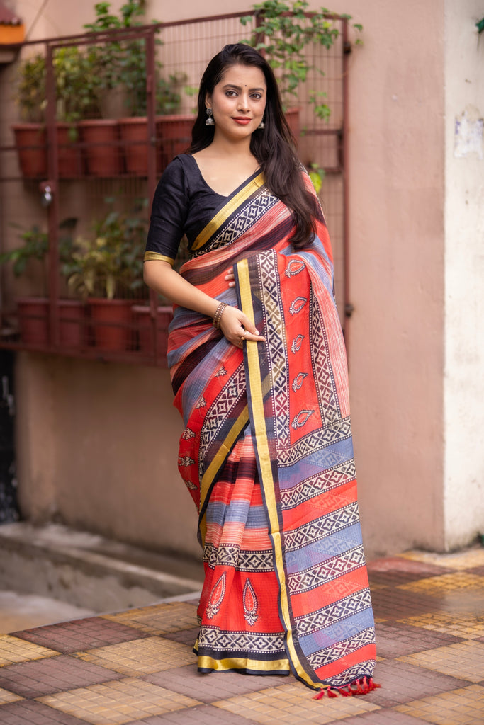 Elegantly Crafted Kota Silk Saree for Women: Luxuriously Soft, Exquisitely Printed, and Embellished with a Weaving Pattu Border ClothsVilla