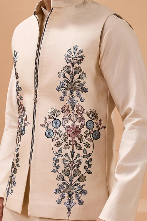 Tendy Beige Wedding Special Koti Kurta Set for Mens Wear Clothsvilla