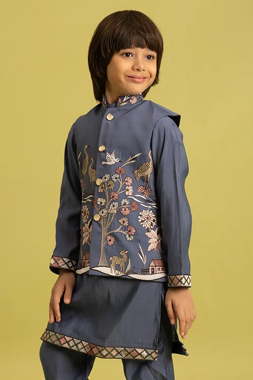 Wedding Special Kids Blue Grey Koti Kurta Outfit Clothsvilla
