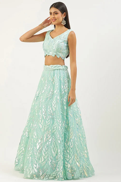 Bollywood Style Blue Lehenga Choli with Thread Embroidery Clothsvilla