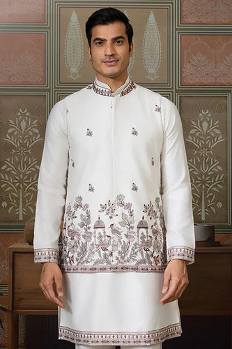 Latest Embroidered Designer White Koti Kurta Set for Mens Clothsvilla