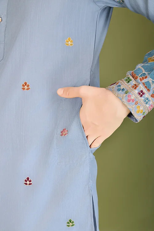 Sky Color Thread with Embroidered Cotton Gents Kurta Clothsvilla