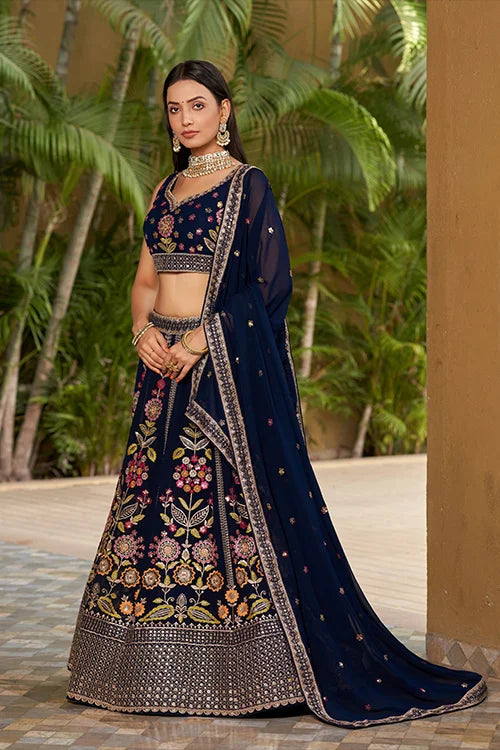 Navy Blue Embroidered Lehenga Choli with Dupatta Clothsvilla