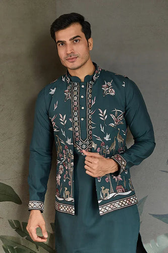 Traditional Green Kurta Pajama with Stylish Open Jacket Clothsvilla