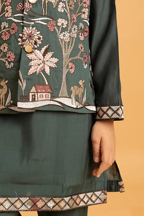 Party & Wedding Special Stylish Green Koti Kurta Set for Kids Clothsvilla
