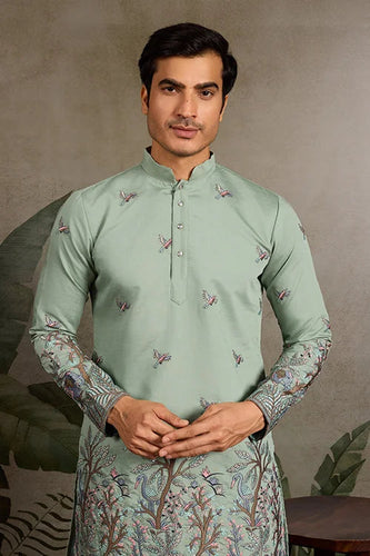 Embroidered Pista Green Wedding Kurta for Mens Clothsvilla