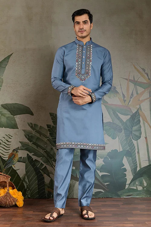 Blue Gray Open Koti Style Full Kurta Pajama Set for Men Clothsvilla
