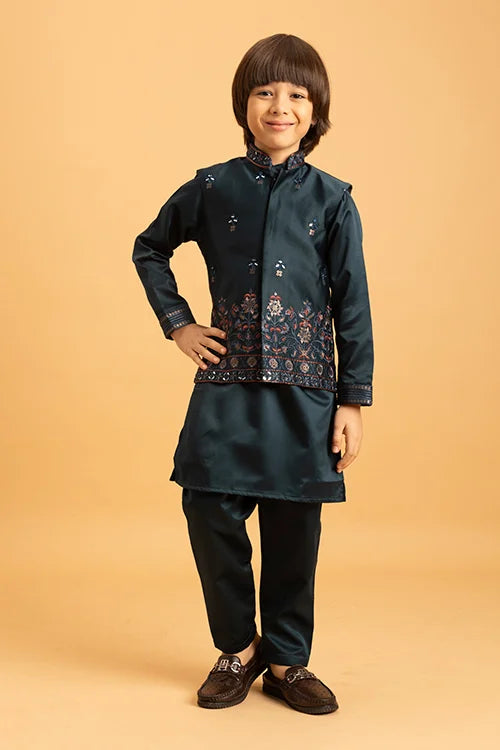 Dark Green Mirror Work Embroidered Koti Kurta for Kids Wear Clothsvilla