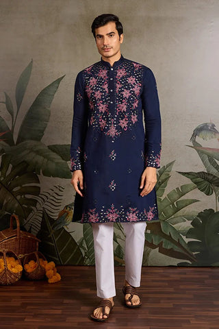 Wedding Special Navy Blue Embroidered Mens Kurta Set Clothsvilla