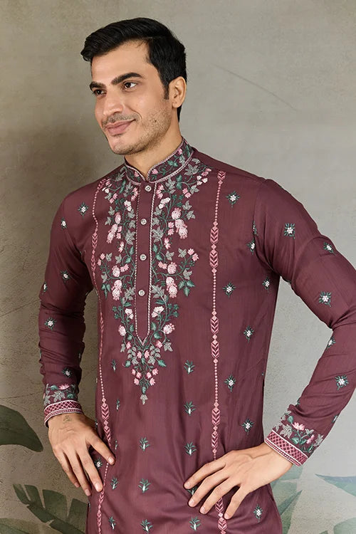 Embroidered Pastel Chocolate Kurta for Men Wear Clothsvilla