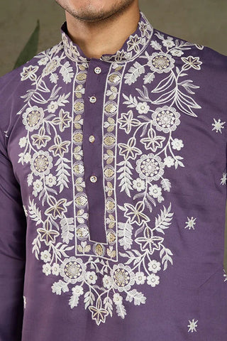 Pastel Purple Embroidered Viscose Silk Kurta Set Clothsvilla
