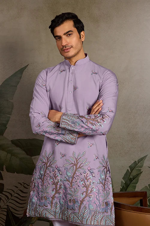 Premium Lavender Embroidered Kurta for Mens Wear Clothsvilla