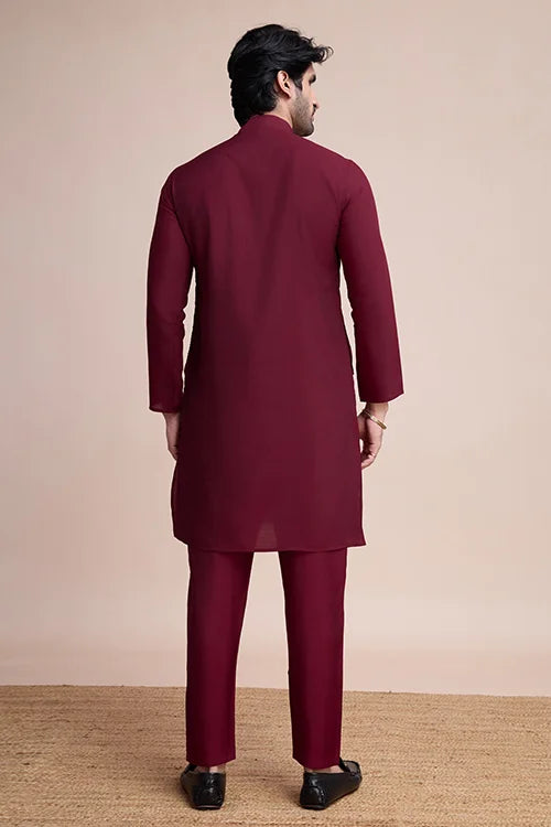 Traditional Embroidered Maroon Silk Kurta for Men Secondary image
