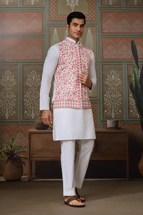 Wedding Pink Koti with White Kurta Pajama Set Clothsvilla