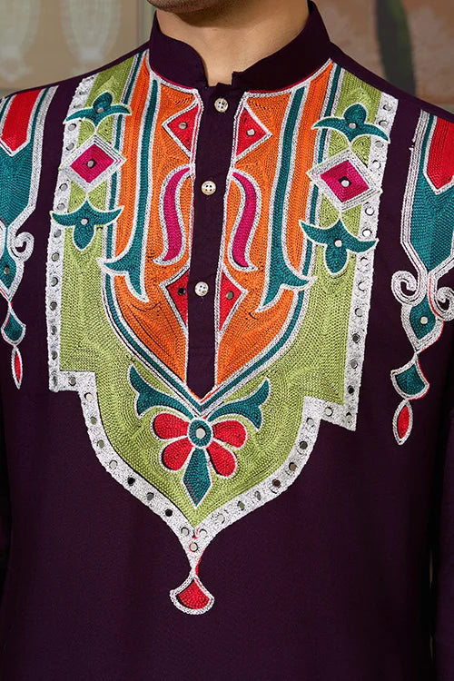 Purple Festival Wear Embroidery Mens Wear Kurta Clothsvilla