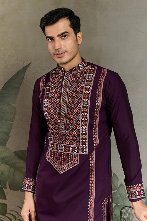 Engagement Special Purple Viscose Silk Outfit Kurta for Men Clothsvilla