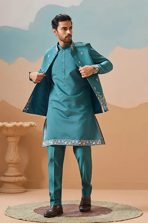 Wedding Party Outfit Rama Green Kurta Koti Pant for Men Clothsvilla