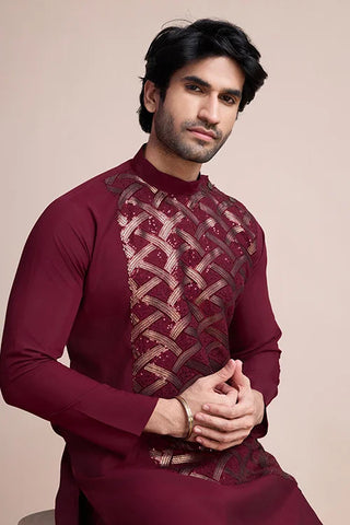 Traditional Embroidered Maroon Silk Kurta for Men Clothsvilla