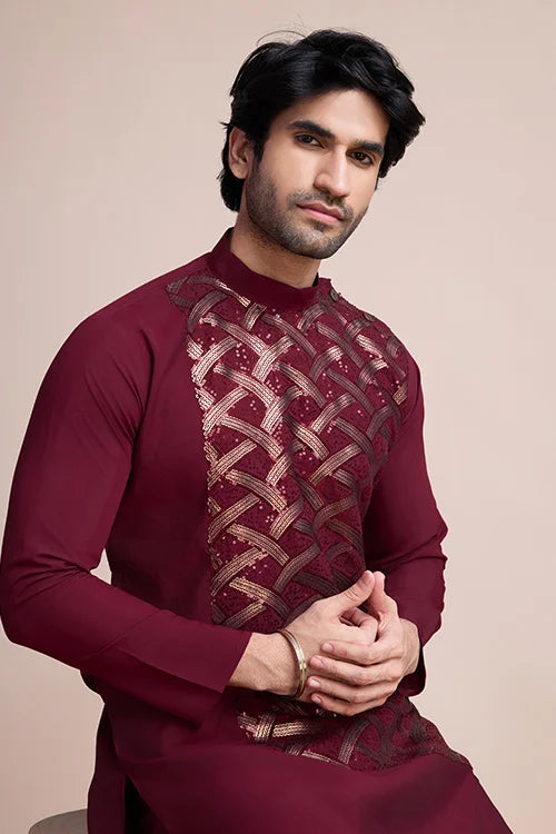 Traditional Embroidered Maroon Silk Kurta for Men Clothsvilla