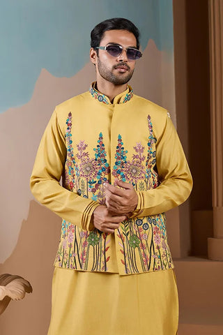 Haldi Ceremony Yellow Embroidered Koti Kurta Set for Mens Clothsvilla