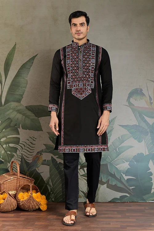 Designer Premium Embroidered Black Silk Kurta for Men Clothsvilla