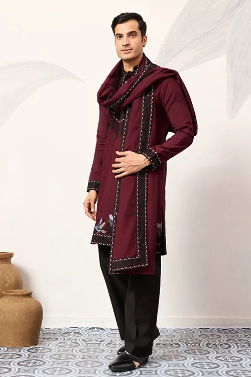 Vibrant Maroon Festive Kurta with Dupatta Set for Groom's Tribe Clothsvilla