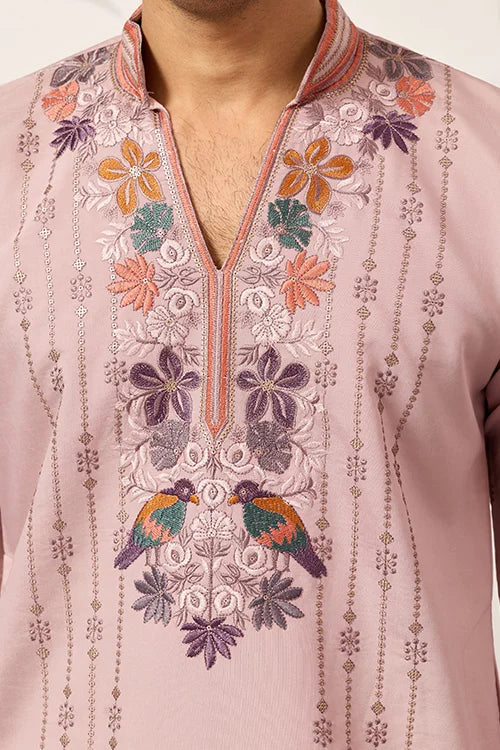 Classic Pink Embroidered V Neck Kurta Pant Outfit for Mens Wear Clothsvilla
