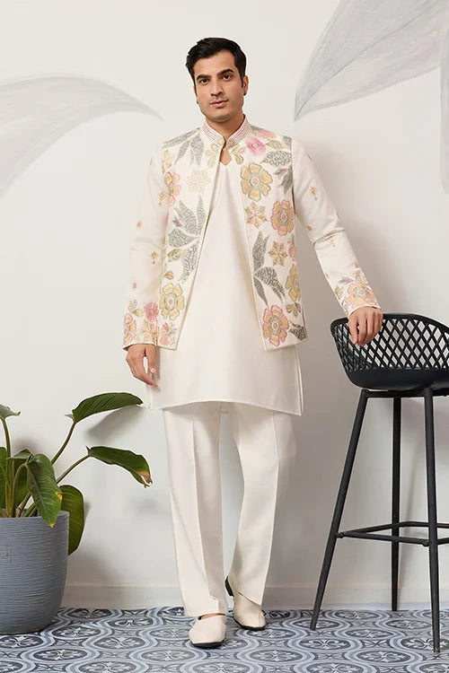 Carnival Function White Koti Kurta Pair for Mens Wear Clothsvilla
