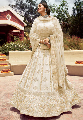 Entrancing Akaroa Off-White Gota, Zarkan, And Resham Embroidered Crepe Semi Stitched Bridal Lehenga ClothsVilla