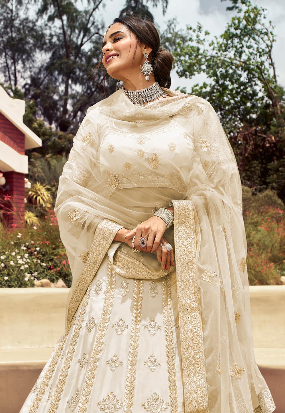 Entrancing Akaroa Off-White Gota, Zarkan, And Resham Embroidered Crepe Semi Stitched Bridal Lehenga ClothsVilla