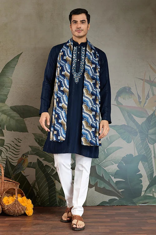 Elegant Navy Blue Mens Wear Kurta Set with Dupatta Clothsvilla