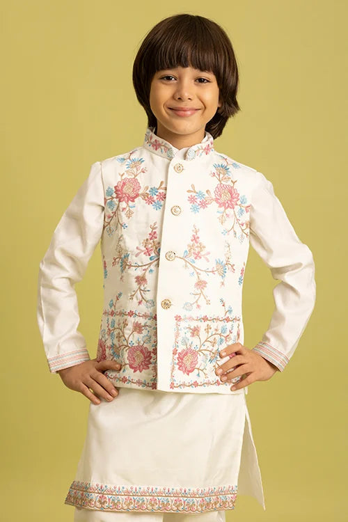 Traditional Wear White Koti Kurta Pajama for Boys Wear Clothsvilla