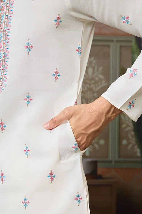 Ethnic White Embroidered Koti Kurta Set for Men Clothsvilla