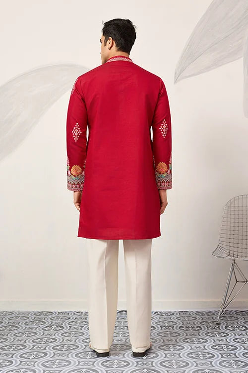 Unique Style Red Color Embroidered Kurta for Mens Wear Clothsvilla