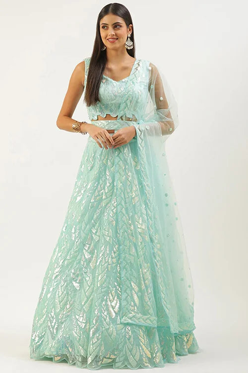 Bollywood Style Blue Lehenga Choli with Thread Embroidery Clothsvilla
