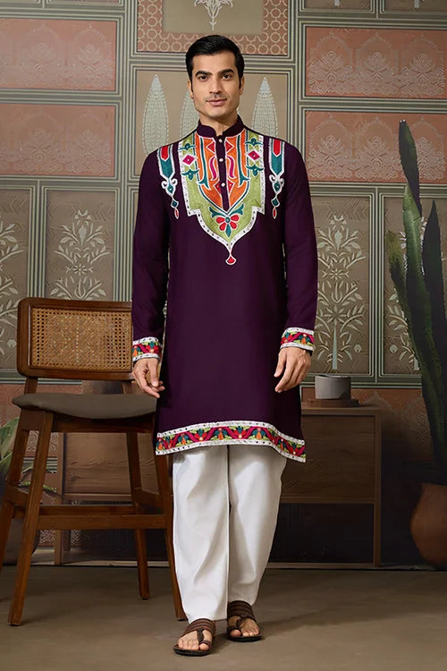 Purple Festival Wear Embroidery Mens Wear Kurta Clothsvilla