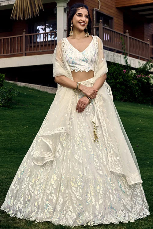 Exclusive White Thread With Multiple Sequins Embroidered Work Lehenga Choli Clothsvilla