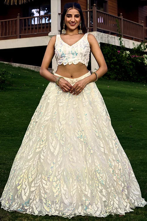 Exclusive White Thread With Multiple Sequins Embroidered Work Lehenga Choli Clothsvilla