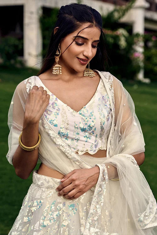 Exclusive White Thread With Multiple Sequins Embroidered Work Lehenga Choli Clothsvilla