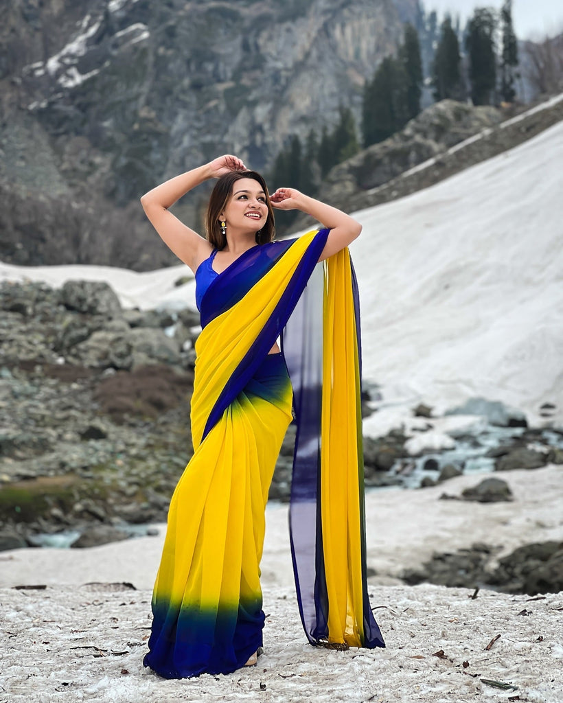 Dual-Tone Yellow Blue Georgette Printed Saree for Daily & Festive Look FANCY SAREES